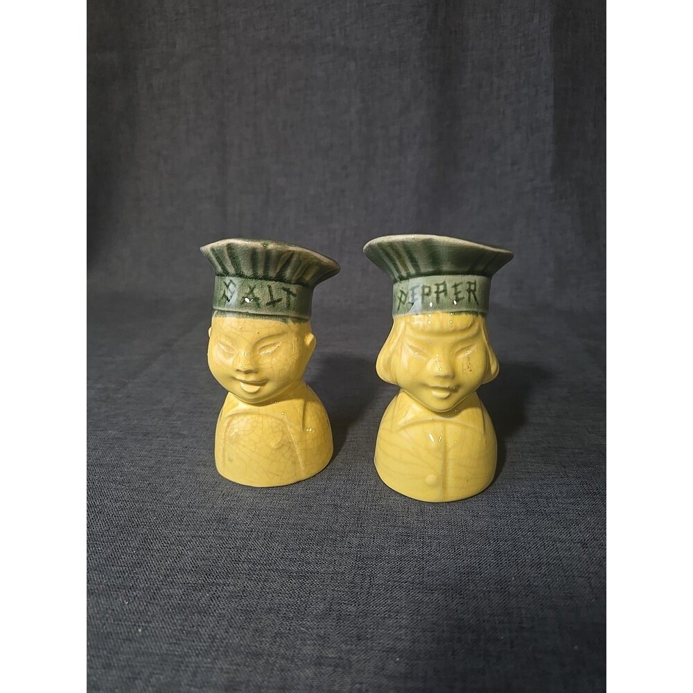 1952 Ceramic Asian Chef Hat “I Love Lucy” Salt & Pepper Shaker Yellow & Green